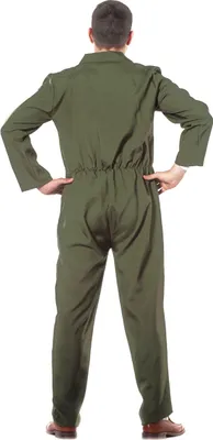 A person wearing a green jumpsuit from behind.