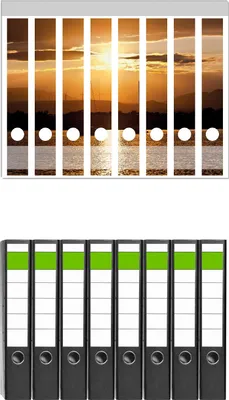 Produktbild von Wallario 8 Stück schmale Ordner inkl. Klebeetiketten mit Motive Schiffe in der Abenddämmerung auf dem Meer -  Set mit Rückenschildern / Ordnerrücken Stickern