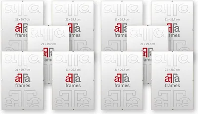 A collection of picture frames arranged in a grid.