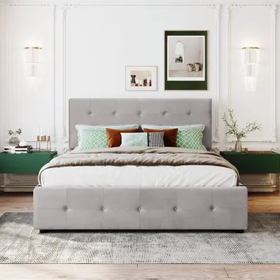 Produktbild von Flieks Polsterbett 140x200cm mit 4 Schubladen, Doppelbett Stauraumbett mit Lattenrost und höhenverstellbarem Kopfteil, Holzbett Jugendbett, Samt, Grau