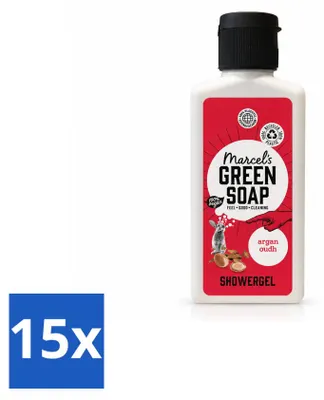Imagen del producto de 15 unidades de gel de ducha "Marcel's Green Soap" con aceite de argán y oud, 100 ml cada uno. Paquete económico