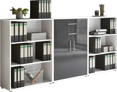 Produktbild von Aktenschrank TABOR 14 in weiß / anthrazit Hochglanz, Schrankwand, Büroschrank, Metallgriffe
