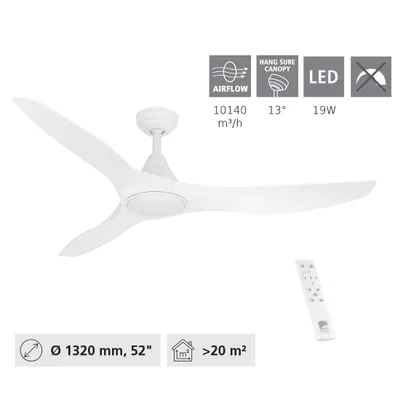 Produktbild von LED Deckenventilator & Licht PORTSEA ABS weiss matt, Acryl milky 19W 3000K, 4000K, 5000K H:29.5cm Ø132cm mit Fernbedienung
