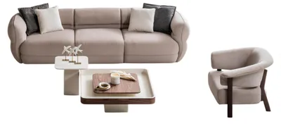 Immagine prodotto di Elegante set divano con poltrona e tavolino di design in beige