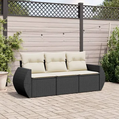 Produktbild von Design 3-tlg. Garten-Sofagarnitur mit Kissen Schwarz Poly Rattan, Gartenmöbel-Sets 2024 Neu