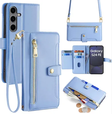 Produktbild von Handykette für Samsung Galaxy S24 FE Hülle mit Band Handyhülle Kartenfächer Kunstleder Umhängetasche in Hellblau