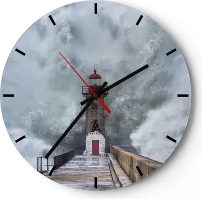 Produktbild von Wanduhr - Rund - Glasuhr - Laterne Meer Sturm - 40x40cm - Schleichendes Uhrwerk - Lautlos - zum Aufhängen bereit - Dekoration Modern - Wanddekoration aus Glas - C3AR40x40-5003