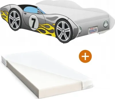 Produktbild von iGLOBAL Kinderbett Autobett Cars Bett Jugendbett Juniorbett Bett mit Lattenrost Stellage Schaumstoffmatratze Grau mit einer Flamme 140 x 70 cm