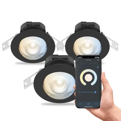 Produktbild von Calex Smart LED Einbaustrahler, Schwarz, neigbar, RGB-Farben & kalt- bis warmweiß Licht, dimmbar, WLAN App- & Sprachsteuerung, 3er Pack