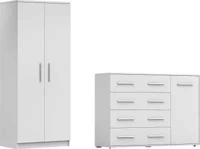 Image de lot de 2 armoires à portes coulissantes Armoire sans miroir 80 cm OMEGA 2D avec commode 135cm FRIDA 01 Blanc/blanc