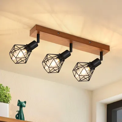 Image de ZMH Spot de plafond noir à 3 ampoules E14, style vintage, orientable à 350°, métal et bois, spot mural d'angle pour salon, couloir ou chambre à coucher