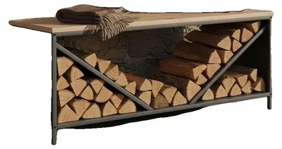 Imagen del producto de Estante para leña, acero de alta resistencia, superficie de madera para asiento adicional, 100,5 x 35,5 x 40 cm