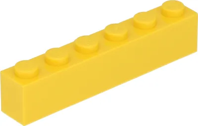 A single yellow LEGO brick with six studs on a white background.