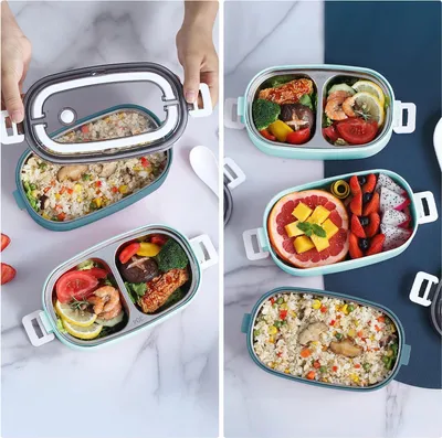 Obrázek produktu pro Dvoupatrový obědový box Bento - nepropustný - pro dospělé i děti - 3 přihrádky - příbor - přenosný - taška na oběd - do práce - do kanceláře - do školy