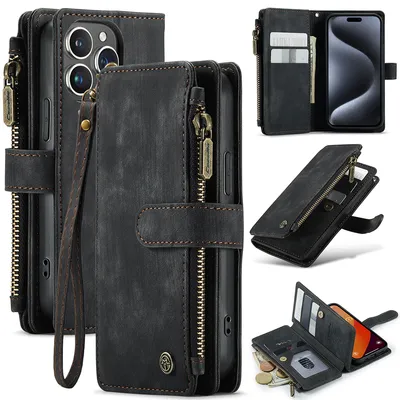 Obrázek produktu pro Kůže pouzdro pro iPhone 15 Pro Max,PolyuretanKožené Pouzdro na Zip, Magnetické Uzavírání, Kapsa na Karty, Stojánek, Peněženka pouzdro černé