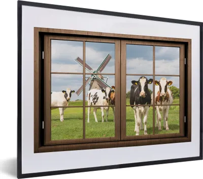Produktbild von MuchoWow® MuchoWow® Gerahmtes Poster Ansicht - Mühle - Kuh 40x30 cm - Poster mit zchwarzem Bilderrahmen - Bilderrahmen - Poster im Rahmen
