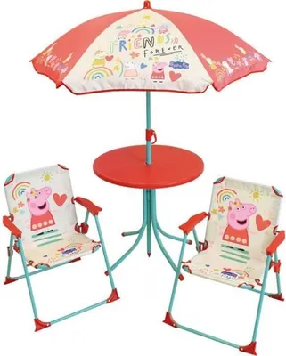 Produktbild von FUN HOUSE Peppa Pig Gartenmöbel - 1 Tisch H.46xø46cm, 2 Stühle H.53xB.38,5xT.37,5 cm und 1 Sonnenschirm H.125 x ø100 cm - Für Kinder