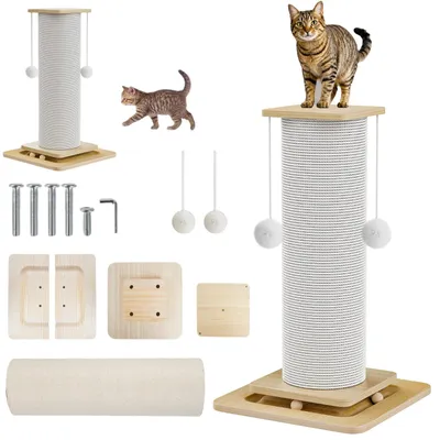 Image de Arbre à chat 3 en 1 : griffoir, poteau, bois, corde en sisal, jouets interactifs (balles), structure à un poteau, 60 cm