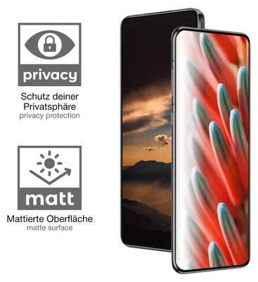 Two smartphones are shown side-by-side, with the left one displaying a privacy screen and the right one showing a colorful floral pattern. Text and icons on the left side of the image describe the product's features.