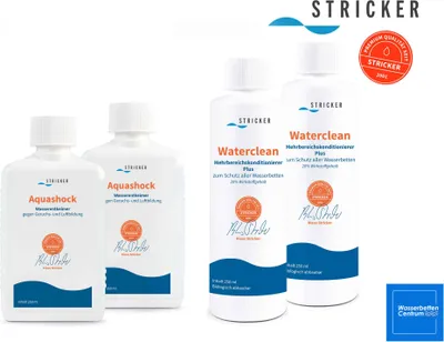 Collage of bottles of cleaning and conditioning products for waterbeds, with promotional text and logos.