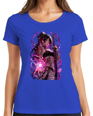 Produktbild von Anime Mädchen Katana Pinke Magie Tattoo Drache Japan Y2K Otaku Damen T-Shirt, Blau, S