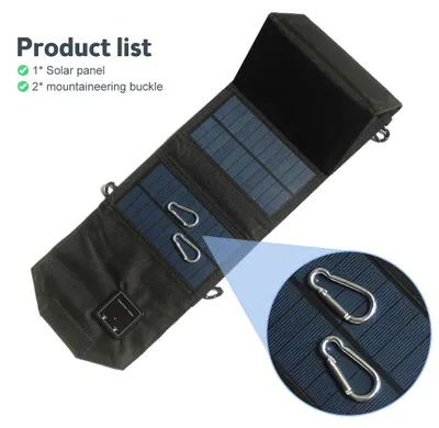 Imagen del producto de Cargador solar portátil plegable de 12W, con doble puerto USB de 5 voltios, resistente al agua y de alta eficiencia. Cargador de batería solar plegable con 2 mosquetones, ideal para actividades al aire libre, camping y viajes
