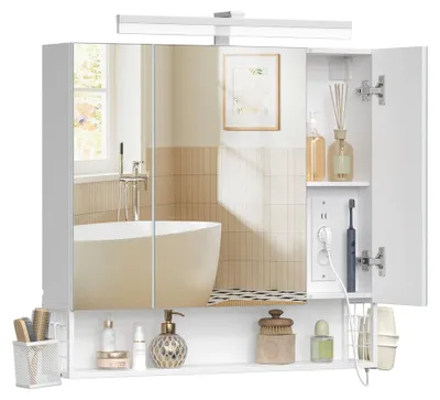 Image de Armoire miroir avec 3 portes en miroir et éclairage intégré | Blanc | 80 x 16,5 x 75 cm