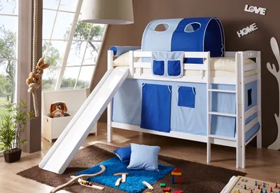 Produktbild von Etagenbett mit Rutsche "Lupo" Buche massiv Weiß (Hellblau-Dunkelblau)