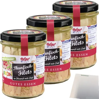Produktbild von Hofgut Thunfisch Filets in Olivenöl mit Chili 3er Pack (3x190g Glas) + usy Block