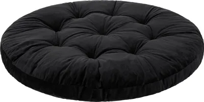 A round, black, tufted cushion is shown from a slightly elevated angle against a white background.