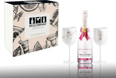 Produktbild von Moet Geschenkset - Moet & Chandon Ice Imperial Rose 0,75l (12% Vol) + 2er Set Acryl Becher in weiß/gold Champagne Becher Kelche -[Enthält Sulfite]