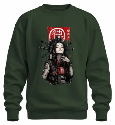 Imagen del producto de Sudadera tipo pullover, estilo cyberpunk, con motivos de samurái, katana, Japón, anime, manga, estética Y2K, diseño de ronin. Color verde botella, talla XL