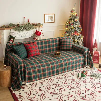 Obrázok produktu pre Vianočná dekorácia útulná deka 180x230cm, vianočné kockované strapce na pohovku Pohovka deky Pohovka hodiť deku na gauč posteľ dekorácie pohovky, červená zelená