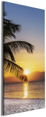 Produktbild von Wallario Premium Leinwandbild Palme am Strand - Sonnenuntergang über dem Meer in Größe 80 x 200 cm