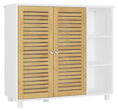 Produktbild von Badezimmerschrank Unterschrank mit Doppeltüren aus Bambus 3 offene Fächer 77 x 30 x 80 cm