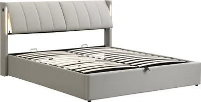 Produktbild von Flieks Polsterbett 160x200cm mit USB, Stauraumbett Doppelbett mit Lattenrost und Verstellbarem Kopfteil, Boxspringbett Jugendbett mit LED, PU, Grau