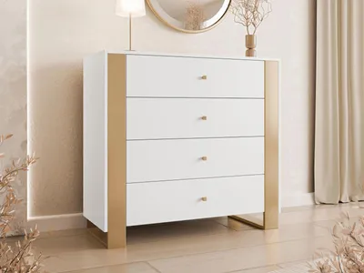 Zdjęcie produktu dla MIRJAN24 Komoda z drzwiami Loutio 4SZ, stylowy salon, komoda z czterema szufladami (kolor: biały / złoty)