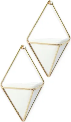 Produktbild von Umbra Wall Display Trigg Wandbehältnis, 2er Set, Blumentopf, Blumenkasten, Pflanzentopf, Übertopf, Kermik / Draht, Weiß / Messing, 470753-524