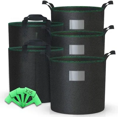 Produktbild von Famanu Pflanzsäcke 20 Liter - Set von 5 - Atmungsaktiv - Mit Pflanzenlabels - Schwarz