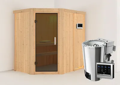 Produktbild von Karibu Sauna Innensauna Saja Eckeinstieg Ofen 3,6 kW -Ofen externe Strg. easy 196x151x198 cm ohne Dachkranz mit Graphittür