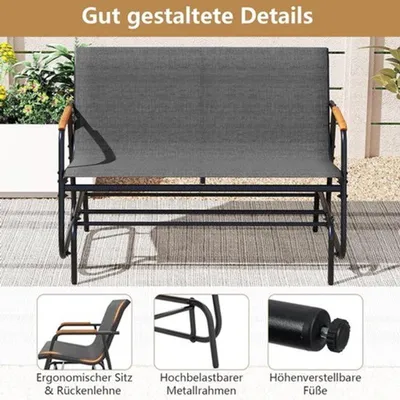 Immagine prodotto di Panca a dondolo di colore grigio chiaro per esterni, panchina da giardino in metallo per due persone con braccioli in teak