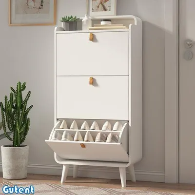 Immagine prodotto di Scarpiera con 3 ripiani ribaltabili - Modello stretto - Con rivestimento - Bianco