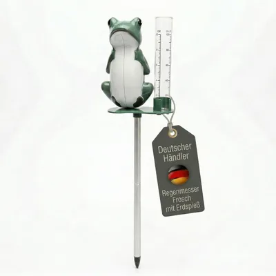 Produktbild von Regenmesser Frosch mit Metall Erdspieß Niederschlagsmesser Regenmenge Wetterbeständig Kunststoff mit 2 tlg. Spießen Garten Dekoration