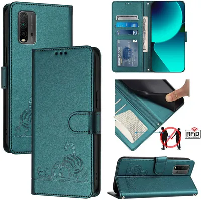 Produktbild von Leder Hülle für Xiaomi Poco M3 /Redmi 9T Süße Katze Flip Case Brieftasche Schutzhülle mit Standfunktion Grün