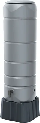 A gray water barrel with a dark gray base and a tap.