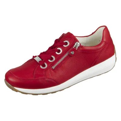 A red leather sneaker with white laces and a white sole, shown against a white background.
