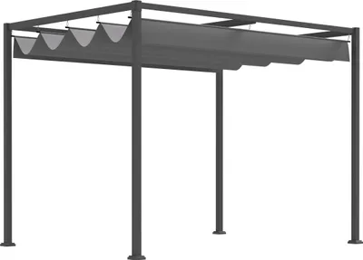 Image de Pergola, pavillon, auvent de terrasse avec toit coulissant, 298 x 213 x 221 cm, gris, en polyester résistant aux intempéries, pour le jardin et la terrasse