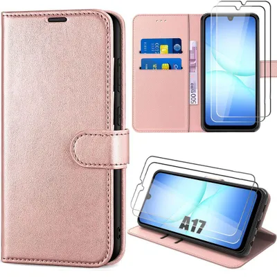 Image de Coque + 2 Verres Trempés pour Samsung Galaxy A17 4G/5G, Protection Rabat Anti-Rayures Synthécuir Rose