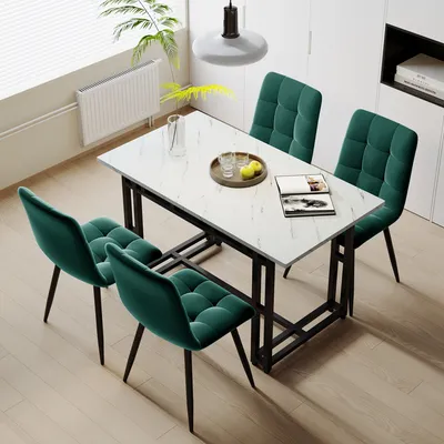 Immagine prodotto di okwish Tavolo da pranzo con 4 sedie, sedie da pranzo moderne per sala da pranzo e cucina, mobili da pranzo, set da pranzo, sedie da pranzo in velluto verde scuro, 120 x 70 cm