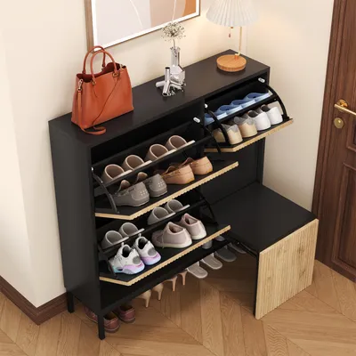 Image de MODFU Meuble à Chaussures avec Banc Intégré et Étagères Doubles, Rangement Pratique pour Entrée et Chambre, MDF Noir et Naturel 100x25x100 cm, Couleur Bois